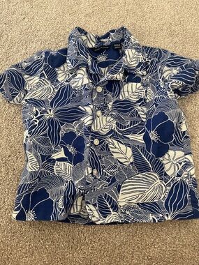 Janie and Jack Blue and White Linen Blend Floral Button-Down Shirt